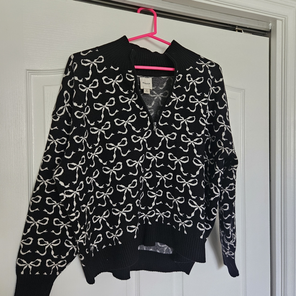 Maeve Black and White Bow Pattern Quarter Zip Sweater